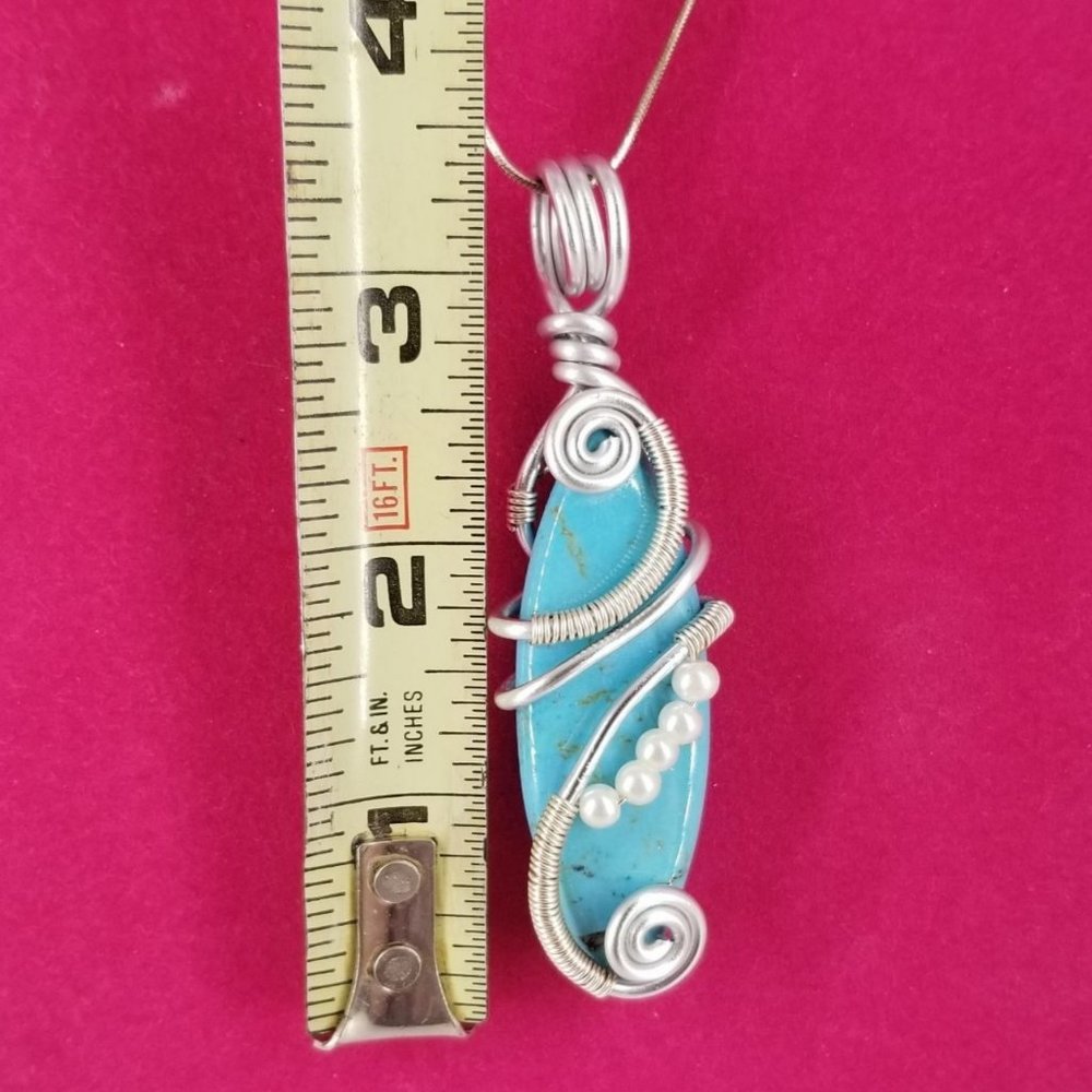 Turquoise Magnesite Gemstone Pendant Wire Wrap Necklace 925 Silver Chain Italy - Picture 6 of 8